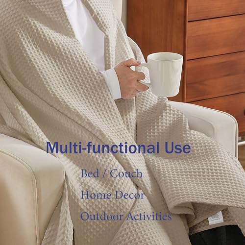 100% Egyptian Cotton Waffle Weave Throw Blanket for Bed Couch Sofa Home Decor, Soft Lightweight Bed & Couch Blanket for All Seasons (Light Khaki - Throw Size - 50 * 60") - color: Light Khaki, size: Throw - 50*60''