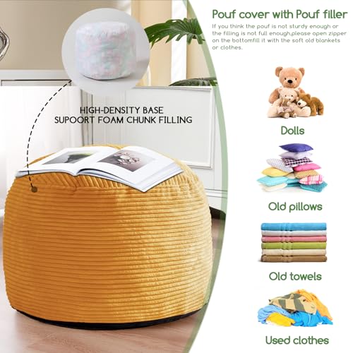 HIGOGOGO Round Stuffed Pouf Ottoman, Corduroy Poufs with Foam Chunk Filling, Furry and Fluffy Pouf Foot Stool Storage Ottoman, 20 X 15 Floor Poufs Foot Rest for Living Room, Orange - color: Orange, size: 20"D x 20"W x 15"H