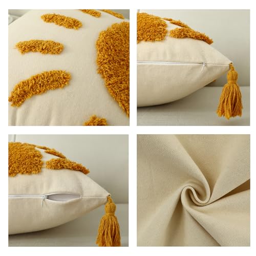 Boho Throw Pillow Covers 18x18, Woven Tufted Sun Decorative Pillow Covers with Tassels Moroccan Modern Pillowcase for Sofa Bedroom Living Room Home Decor, Yellow