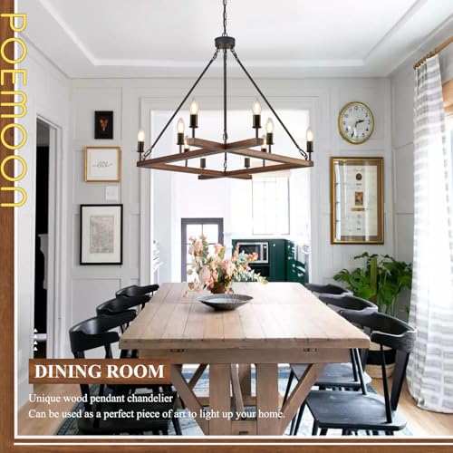 Rustic L53'' Wooden Square Chandelier 10-Light Farmhouse Unique Rectangular Candle Chandelier with White Light Socket for Living Dining Room Foyer Kitchen Bedroom High Ceiling, E12 - color: Walnut, size: 53 inches