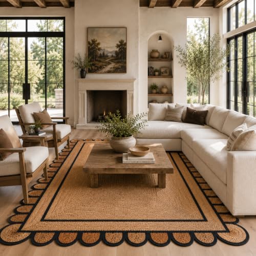 Braided Scalloped Jute Rug Natural with Black Trim, Handmade Farmhouse Boho Area Rug for Entryway, Kitchen, Hallway, Living Room, Bedroom, Rustic Woven Floor Rug - (Black- 8X10 ft) - size: 8' x 10' (Rectangular)