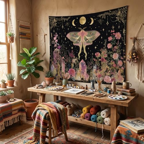Gruaoihy Boho Moon Butterfly Floral Tapestry, Aesthetic Witchy Moon Phase Luna Moth Wall Hanging for Bedroom Living Room Decor, Black Pink 60x80 inches - color: Luna Moth, size: 80"L x 60"W
