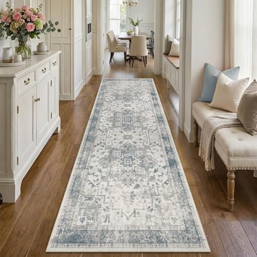 Rugxara 2'6" x 8' Hallway Runner Rug, Non Slip Boho Runner Rugs for Hallway, Kitchen, Entrance, Bathroom, Laundry Room, Soft Ultra-Thin Entryway Carpet, Throw Low Pile Retro Carpet, Blue/Grey - color: Blue & Grey, size: 2'6" x 8' (Runner)