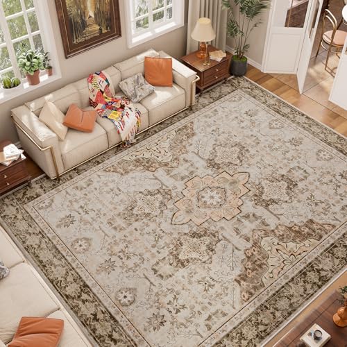 AMTOVO 8x10 Area Rugs for Living Room, Large Non-Slip Washable Rug, Boho Vintage Retro Medallion Print Pattern Carpet for Bedroom Dining Room Home Office Nursery Dorm Farmhouse, Light Brown - color: Light Brown, size: 8' x 10' (Rectangular)
