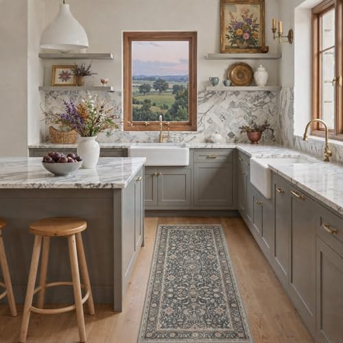 Bavni Kitchen Rug 2x5 Runner Rugs for Hallways Entryway, Washable Vintage Oriental Floral Carpet, Low Pile Lightweight Rug with Non Slip Backing, Dusty Charcoal - color: Dusty Charcoal, size: 2' x 5' (Rectangular)