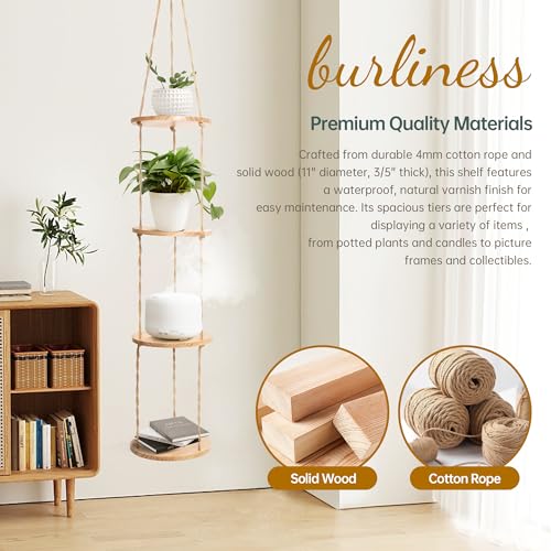 Hemp Rope Hanging Plant Shelf from Ceiling for Narrow Space or window Boho Hanging plant Shelves, Natural Pine Wooden Plant Stand Display for Indoor, Outdoor, Corner, Balcony, Living Room and Bedroom - color: Brown