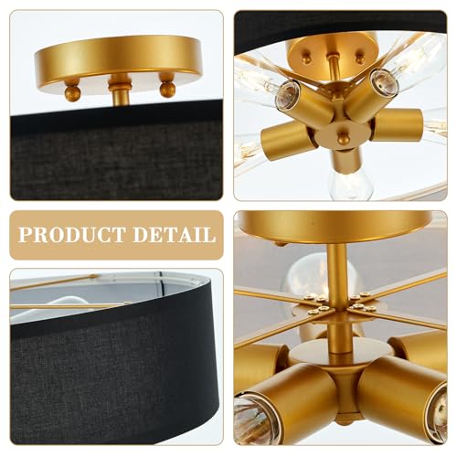 VILUXY Black and Gold Semi Flush Mount Ceiling Light Fixture, 24’’ Large Modern Ceiling Light with Linen Fabric Shade 5-Light Drum Ceiling Lamp for Bedroom Living Dining Room Enteyway - color: Black
