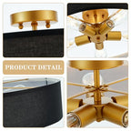 VILUXY Black and Gold Semi Flush Mount Ceiling Light Fixture, 24’’ Large Modern Ceiling Light with Linen Fabric Shade 5-Light Drum Ceiling Lamp for Bedroom Living Dining Room Enteyway - color: Black
