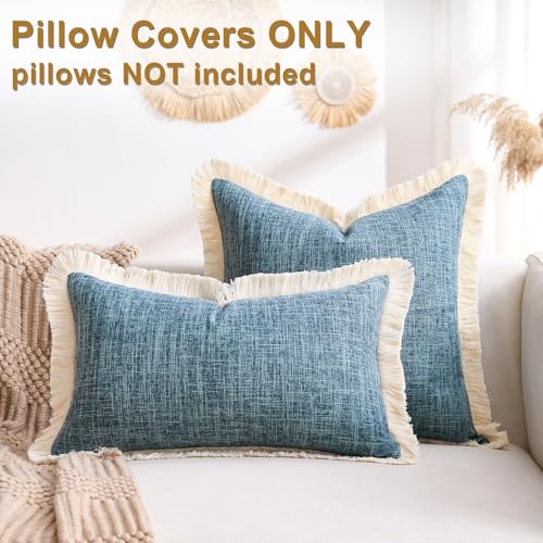 Farmhouse Lumbar Throw Pillow Covers 12x20 Pillow Cover Linen Fringe Blue Decorative Pillows Case Boho Accent Pillowcase for Sofa Couch Patio Bed Living Room Set of 2 - color: Blue, size: 20" x 12" (Pack of 2)