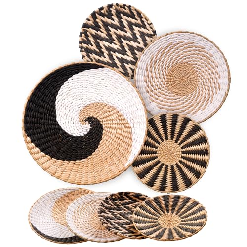 Hanging Woven Wall Basket Boho Decor Set, 4 Unique Handmade Seagrass Rattan Round Baskets Wall Decoration for Home Living Room Bedroom Rustic Coastal Farmhouse - Ready to Hang with Nails Included