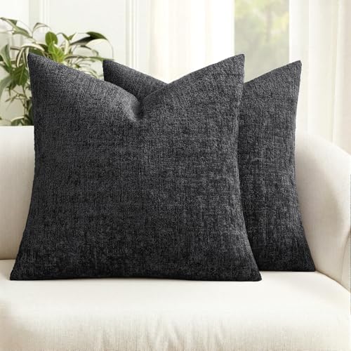 MIULEE Decorative Throw Pillow Covers 20x20 Pack of 2 Black Couch Pillow Covers Soft Cozy Textured Chenille Pillowcases for Home Decor Sofa Living Room Cushion Bedroom - color: Black, size: 20" x 20" (Pack of 2)