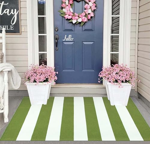 Green and White Layered Doormat 2.3'x3.6,Machine Washable Porch Rug Cotton Woven Striped Farmhouse Small Area Rug for Porch/Home Entrace Decor/Bedroom/Layered Door Mats - color: Green White, size: 2'4" x 3'7" (Rectangular)