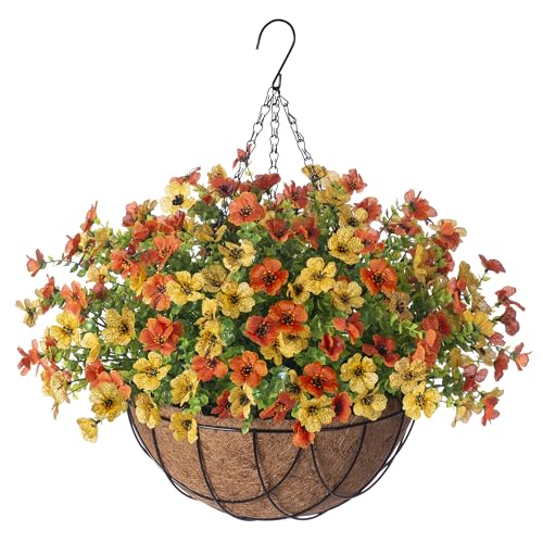 Fake Mums Artificial Fall Flowers with Hanging Baskets Outdoors for Decoration Faux mums for outdoor planters Daisy Flower with Eucalyptus Leaves for Porch Home Patio Balcony and Yard Autumn Decor - color: Yellow Orange