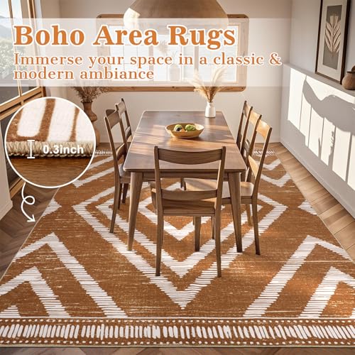 Boho Washable Area Rugs 6x9ft, Moroccan Soft Brown Living Room Nursery Rugs Non Slip, Low Pile Large Bedroom Floor Carpets for Dining Room Bathroom Office Farmhouse - color: Brown, size: 6' x 9' (Rectangular)