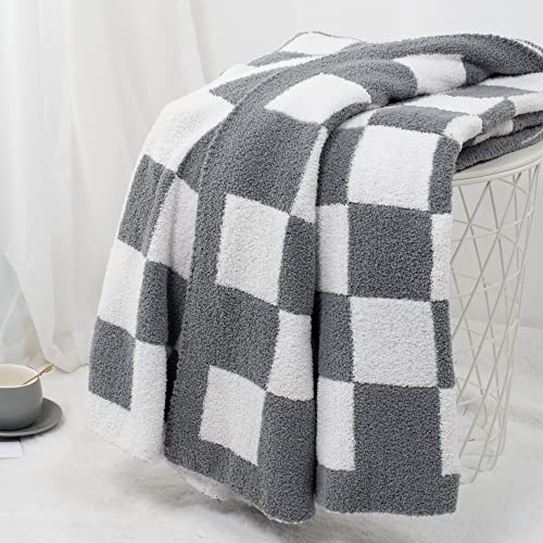 Carriediosa Checkered Throw Blanket 50" X 60", 400GSM Ultra Soft Microfiber Fuzzy Fluffy Reversible Cute Preppy Knitted Blankets Cozy Plush Fall Throws for Couch, Bed, Sofa, Grey - color: Check - Grey, size: 50" X 60"