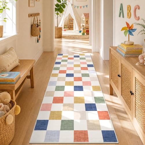 GarveeHome Checkered Colorful Rainbow 2x6 Washable Kitchen Runner Rug Geometric Modern Soft Low-Pile Stain Resistant Kids Rug for Bedroom Hallway Entryway Non-Slip TPE Backing - color: Colorful, size: 2' x 6' (Rectangular)