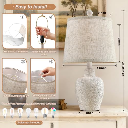 Table Lamps for Bedroom Set of 2 Farmhouse Table Lamps for Living Room 21" Rustic Cottage Jar-Shaped Bedside Lamp for Nightstand with Natural Beige Finish,Bulbs Not Included - color: White