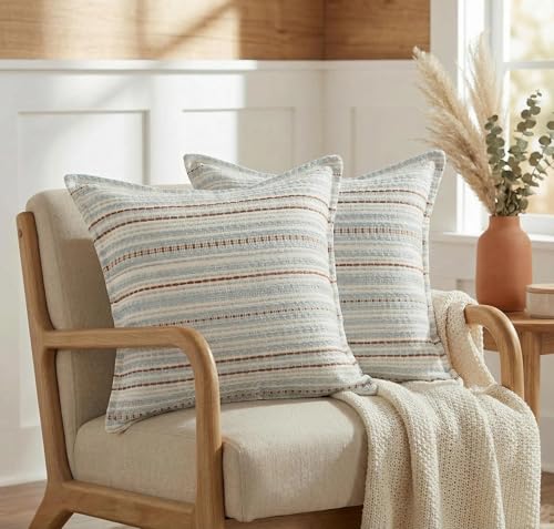 Mantle & Mason Boho Farmhouse Throw Pillow Covers 20x20 Set of 2, French Vintage Slate Blue Couch Pillow Covers, Jacquard Decorative Pillow Covers for Living Room Decor - color: Stripe Blue, size: 20" x 20" (Pack of 2)