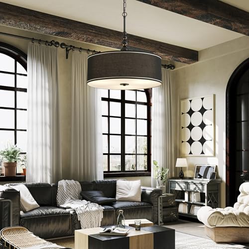 Shrine Lighting Drum Chandeliers, Farmhouse Style, Perfect Drum Pendant Light for Dining Room, D21'' x H8'', Adjustable Chains 59'', E26*3 Sockets, Black Linen Fabric Lampshade & Black Rod - color: Black D20''