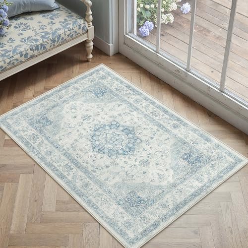 PureCozy Blue Area Rug 2x3 Washable Vintage Small Carpet for Entryway Kitchen Soft Retro Low Pile Thin Door Mat Non Slip Oriental Medallion Throw Rug for Bathroom Office Bedroom Dining Room - color: Blue, size: 2' x 3' (Rectangular)