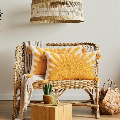 2 Pcs Boho Velvet Pillow Covers with Tassels 12 x 20 Inch 3D Tufted Sun Embroidery Sunshine Decorative Throw Cushion Case for Bedroom Sofa Living Room Couch Rustic Farmhouse Home Decor - style: Sun