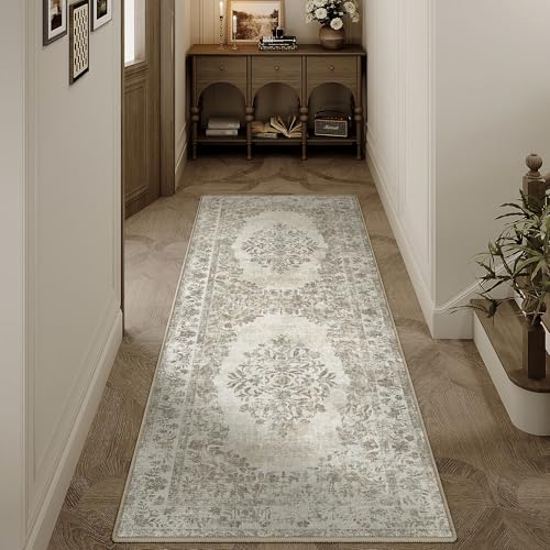 PureCozy 2x6 Runner Rug Beige Washable Hallway Kitchen Bedroom Vintage Distressed Bathroom Non Slip Medallion Floral Carpet Indoor Retro Throw Floor Mat for Office Dining Laundry Living Room - color: Vintage Beige/Cream, size: 2' x 6' (Runner)