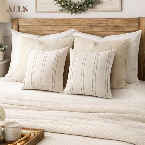 AELS 16x16 Decorative Farmhouse Linen Blend Throw Pillow Covers, Boho Textured Pillow Case, Set of 2, Beige with White & Brown Stitch Yarn Dyed Stripe Cushion Cover for Sofa Living Room (Cover ONLY) - color: Beige With White & Brown, size: 16" x 16" (Pack