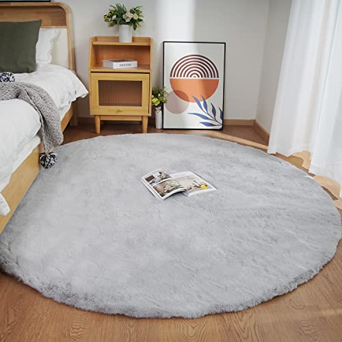 Ghouse Faux Rabbit Fur Round Rug 4ft Grey Round Rugs for Bedroom Decor Fluffy Area Rugs for Living Room, no-Shedding Carpet Sheepskin Washable Rug Rome Decor - color: Grey, size: 4*4 Ft Round