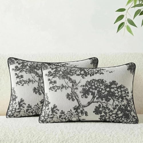 Mantle & Mason Floral 12x20 Lumbar Pillow Covers Set of 2, French Vintage Woven Jacquard Decorative Accent Pillow Cases for Couch, 430GSM Thick Chenille & Luxury Velvet, Black - color: Tree Pattern Black, size: 20" x 12" (Pack of 2)