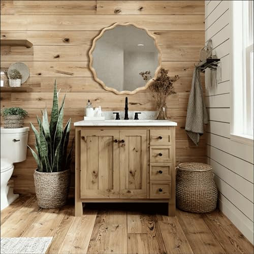 Circle Wood Mirrors for Wall, Wavy Round Bathroom Scalloped Mirror Wooden Frame 24 Inch for Living Room Farmhouse Bedroom Hallway Entryway Living Room with Shatterproof Glass Wall Mounted - size: 24"L x 24"W