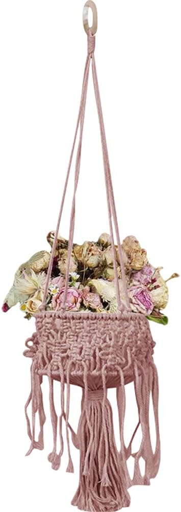 Macrame Plant Hangers with Tassels Indoor Hanging Planters Basket Handmade Cotton Rope Flower Pots Holder Stand Boho Home Decor Outdoor Decorations Round Pink