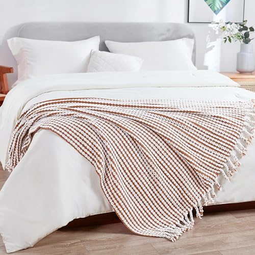 Striped Knit Throw Blanket with Braided Tassels 50" x 60", Hand Knitted Soft Chunky Chain Design Boho Farmhouse Blanket, Two Tone Tassel Decor Throw for Couch Bed Sofa Outdoor, Camel White - color: Camel White