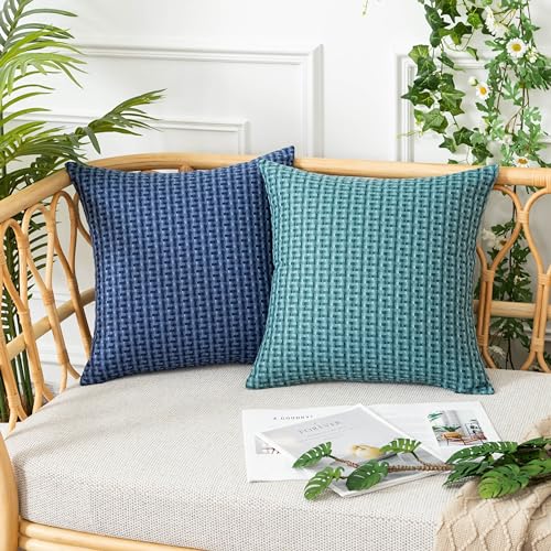 UGASA Outdoor Waterproof Pillow Covers Pack of 2 Weaving Texture Water Resistant Outside Decorative Pillow Cases for Patio Garden Porch Yard Bench Tent 16x16 Inch, Teal - color: Teal, size: 16" x 16" (Pack of 2)