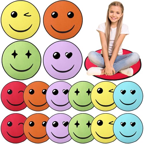 Tinideya 24 Pcs Circle Carpet Seats for Classroom 15.5 Inch Smile Faces Round Classroom Rug Floor Mat Floor Cushions Group Activity Spots Marker for Playroom (Classic,Bright Color) - color: Bright Color, size: Classic