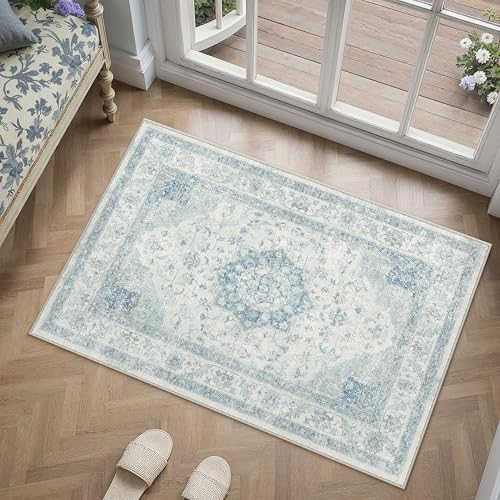 PureCozy Blue Area Rug 2x3 Washable Vintage Small Carpet for Entryway Kitchen Soft Retro Low Pile Thin Door Mat Non Slip Oriental Medallion Throw Rug for Bathroom Office Bedroom Dining Room - color: Blue, size: 2' x 3' (Rectangular)