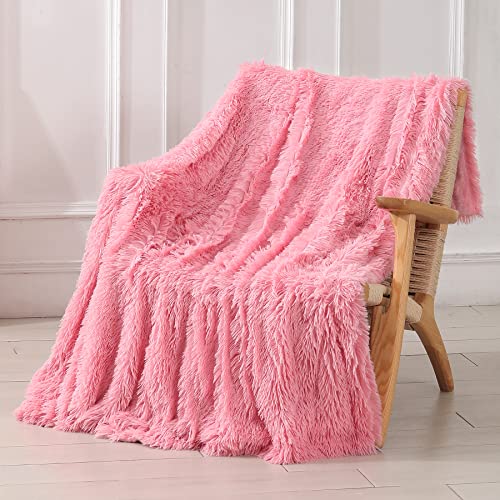 Tuddrom Decorative Extra Soft Faux Fur Throw Blanket 50"x60",Solid Reversible Fuzzy Double Layers Long Hair Shaggy Blanket,Fluffy Cozy Plush Fleece Comfy Microfiber Blanket for Couch Sofa Bed,Pink - color: Pink, size: Throw-50" x 60"