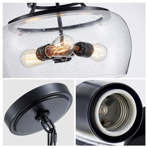 WUZUPS Chandelier Rustic Farmhouse Industrial Round Ceiling Pendant LED Light Fixture Clear Seeded Glass Shade for Dining Room Kitchen Island Foyer Entryway, H 20.9" x W 15.9", Black - color: Pendant Light, Black, 3-Light, size: H 20.9" * W 15.9"