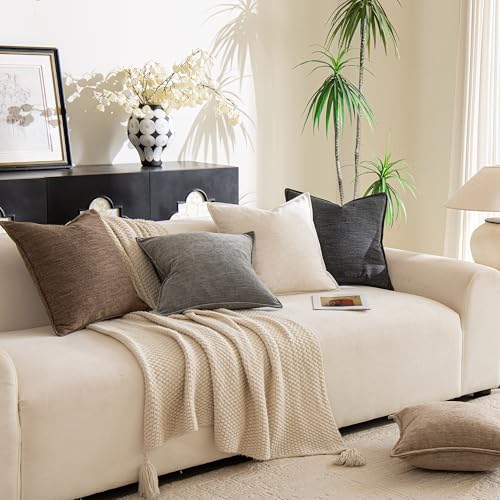 Chenille Linen Throw Pillow Covers 18x18 Set of 2, Thick Textured Boho Pillow Covers, Farmhouse Decorative Pillow Covers, Neutral Vintage Accent Covers for Couch Sofa Bed, Cream White - color: Cream White, size: 18" x 18" (Pack of 2)