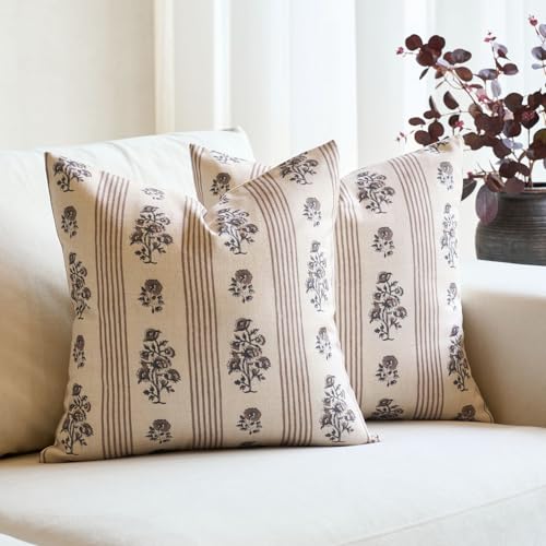 Amor Virisso Farmhouse Floral Throw Pillow Covers 18x18 Set of 2 Block Print Pillow Covers Neutral Boho Floral Striped Decorative Pillow Covers for Sofa Couch Bed, Brown - color: Brown, size: 18" x 18" (Pack of 2)