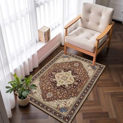 Macgace 2x3 Mousse Brown Small Area Rug for Entryway, Soft Washable Rugs with Non-Slip Backing for Bedroom Kitchen, Vintage Throw Carpet Laundry Entry Front Door Decor - color: Brown & Beige, size: 2' x 3' (Rectangular)