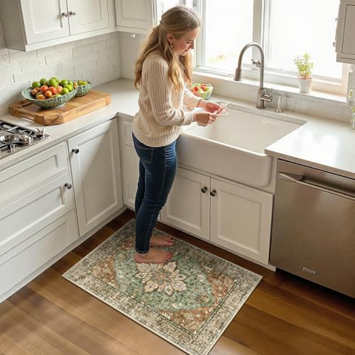 RELEANY Area Rugs Small 2'x3' Washable Non-Slip, Floral Vintage Distress Medallion Carpet for Kitchen Entryway Bathroom, Terracotta Burnt Orange Green - color: Brick/Brown/Green, size: 2' X 3' (Rectangular)