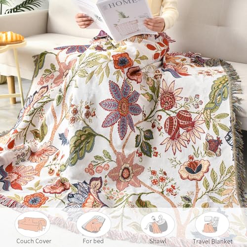 Boho Throw Blanket Reversible Cotton Bohemian Tapestry Hippie Room Decor Double Sided (Boho Flower Dark 50"x60") - color: Boho Flower Dark 4, size: 50*60 inch