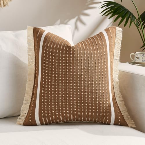 Vintage Decor Brown Decorative Throw Pillow Cover 18x18 with Tassels 1 Pack, Boho Home Decor Brown Plaid Pillow Covers 18 x 18, Modern Farmhouse Cotton Woven Throw Pillows for Living Room and Couch - color: Brown (With Tassels), size: 18" x 18" (Pack of 1