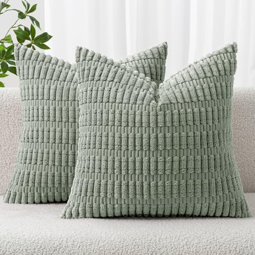 MIULEE Pack of 2 Spring Corduroy Decorative Throw Pillow Covers 12x12 Inch Soft Boho Striped Pillow Covers Modern Farmhouse Home Decor for Summer Sofa Living Room Couch Bed Greyish Green - color: Greyish Green, size: 12" x 12" (Pack of 2)