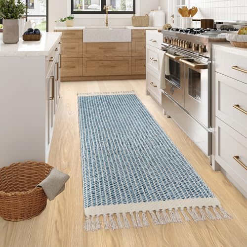 Lahome Belle Boho Kitchen Runner Rugs, 2x6 Laundry Room Rug Lightweight Bathroom Runner Woven Cotton Throw Mat with Tassels, Farmhouse Washable Blue Rug Low Pile Runners for Hallways Entry - color: Blue/Multi, size: 2' x 6' (Runner)