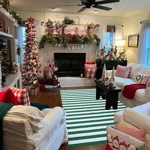 Green & White Striped Rug, 4' x 6' Indoor/Outdoor Area Rug for Front Porch, Entryway, Machine Washable Cotton Woven Welcome Door Mat - color: Green & White Stripe, size: 4' x 6' (Rectangular)