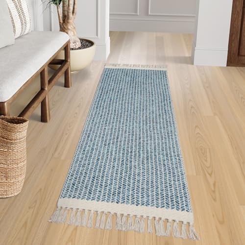 Lahome Belle Boho Kitchen Runner Rugs, 2x6 Laundry Room Rug Lightweight Bathroom Runner Woven Cotton Throw Mat with Tassels, Farmhouse Washable Blue Rug Low Pile Runners for Hallways Entry - color: Blue/Multi, size: 2' x 6' (Runner)