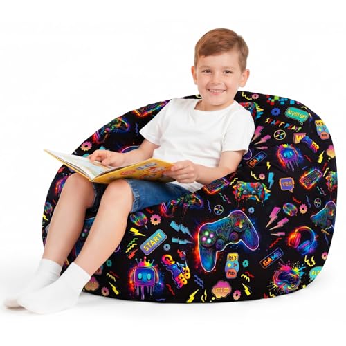 Boao 27'' Large Game Player Kids Bean Bag Chairs Cover (No Filling) Washable Stuffed Animal Storage Beanbag Chair for Kids Canvas Bean Bag Cover with Zipper for Boys Organizing Plush Toys Textile Sack - color: Neon Game, size: 27 Inches