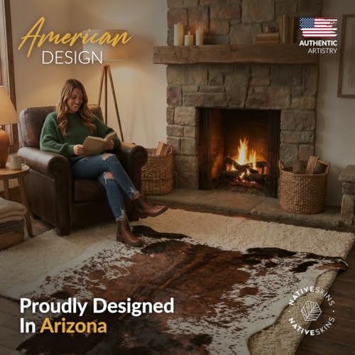 NativeSkins Faux Cowhide Rug 4'7" x 6'7" – Brown Cow Print Area Rug for Living Room & Bedroom – Non-Shedding, Flat-Lay, Pet-Friendly – Faux Suede Grip Backing – Vegan Western Farmhouse Decor - size: 4'7" x 6'7" (Large)
