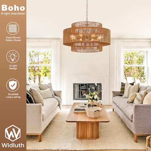 30” Large Hand-Woven Rattan Chandelier Vintage 8-Light Farmhouse Boho Bamboo Chandelier Light Fixture Retro 3-Tier Drum Wicker Rattan Golden Chandeliers for Dining Room, Kitchen, Living Room - color: Gold 30"